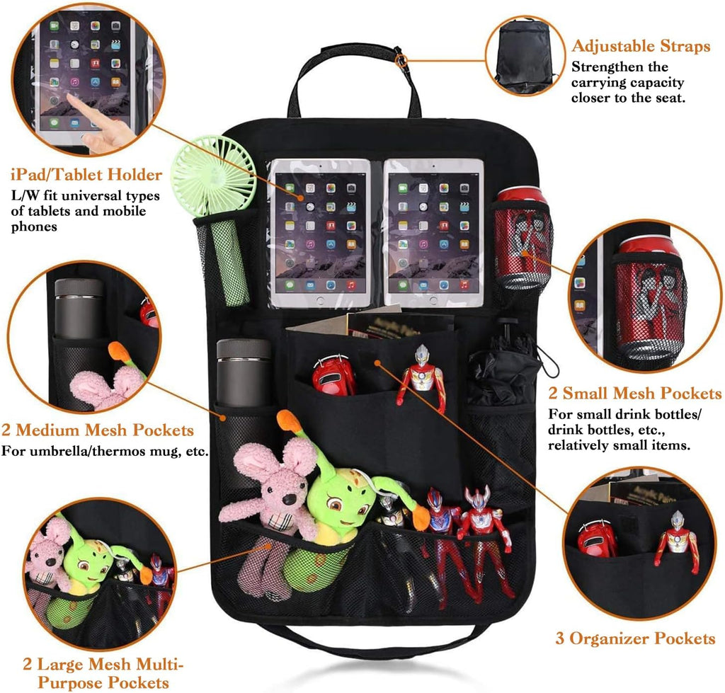 2 Pack Car Organizer Backseat, Car Seat Organizer Back Seat with 9 Storage Pockets 10" Tablet Ipad Holder, Waterproof Car Backseat Protector Kick Mats for Kids Baby in Road Family Car Travel