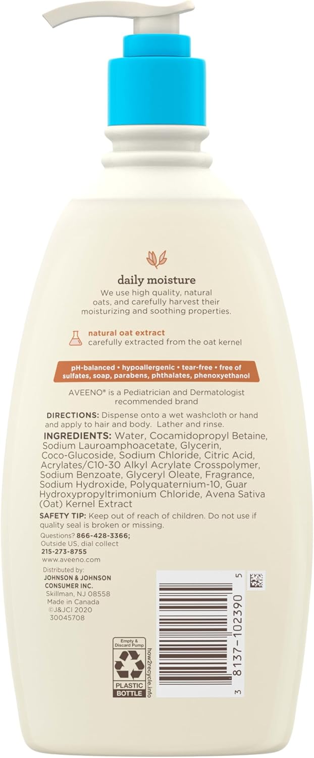 Daily Moisture Gentle Bath Wash & Shampoo with Natural Oat Extract, Hypoallergenic, Tear-Free & Paraben-Free Formula for Sensitive Hair & Skin, Lightly Scented, 532Ml