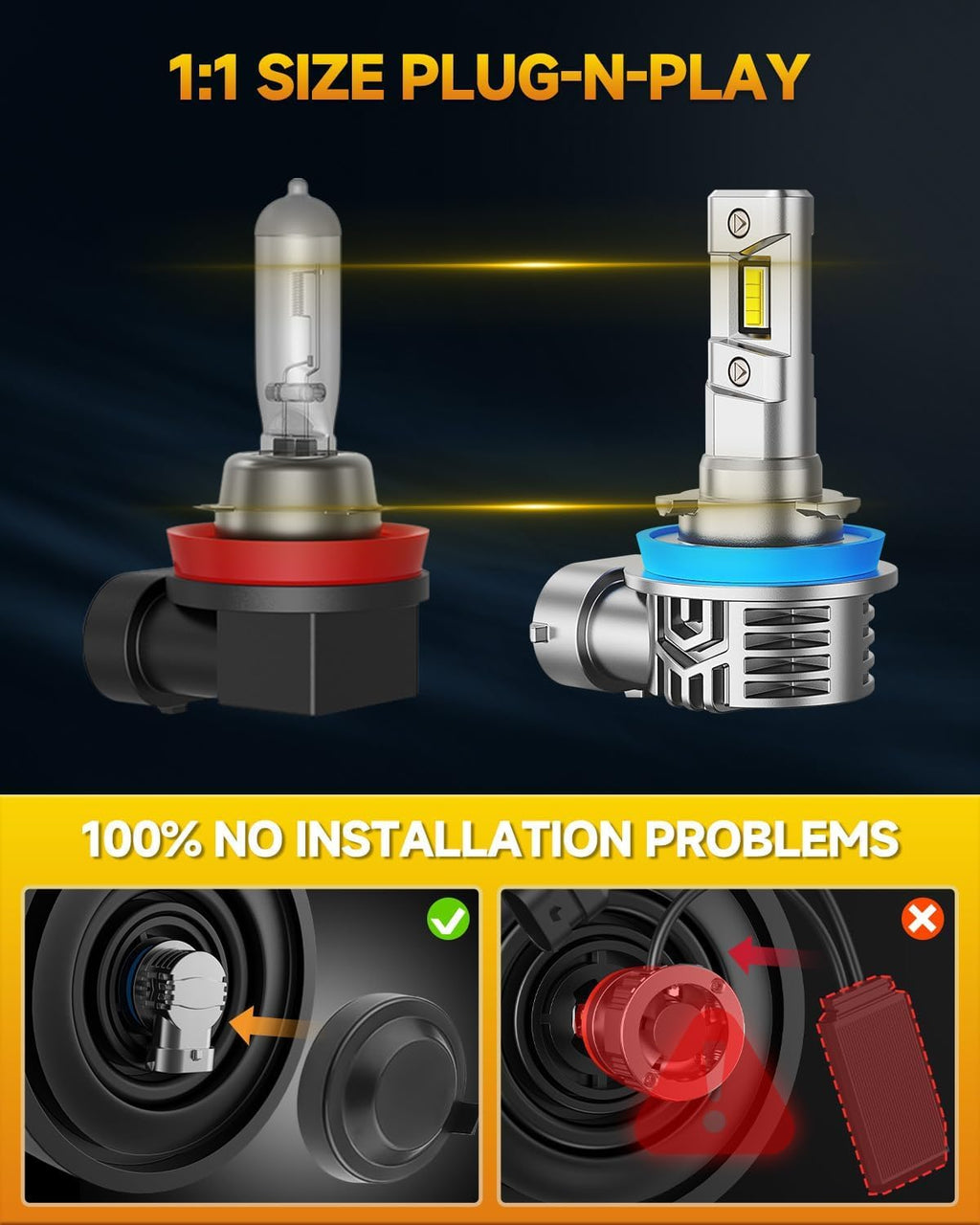 2025 H11 H9 H8 LED Headlight Bulbs, 30,000LM 800% Super Brightness H11 LED Bulbs, 1:1 Mini Size Plug and Play, 6500K Cool White Halogen Replacement, Pack of 2