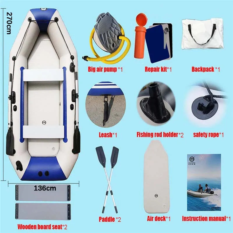 Solarmarine 2.7M 4 Person 0.9PVC Inflatable Boat Fishing Kayak Thick and Wear-Resistant Canoe Air Mat Floor with All Accessories